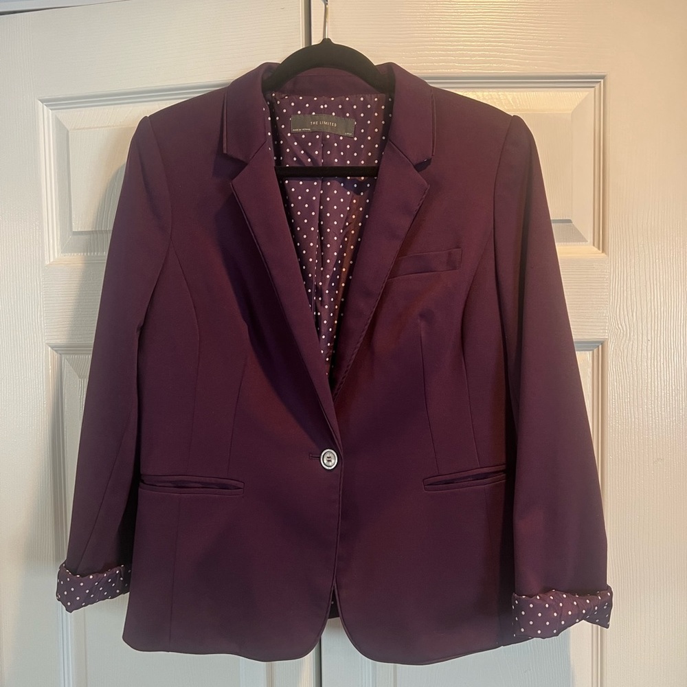The Limited Plum Blazer with satin polka dot lining, size large